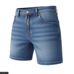 Pair of blue denim shorts with a zipper on the side png transparent background