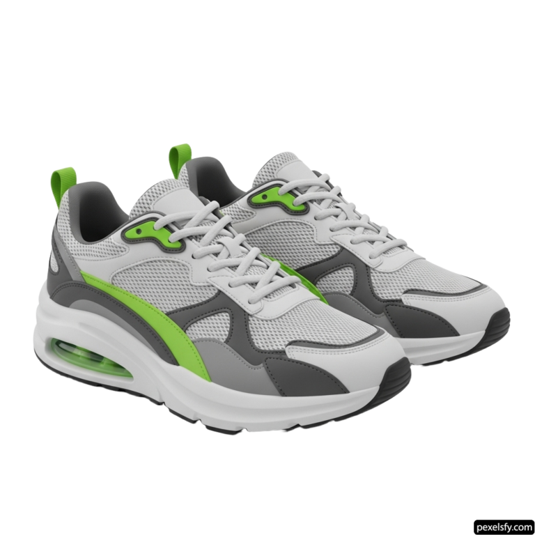 Pair of gray and green sneakers on a white background png transparent background