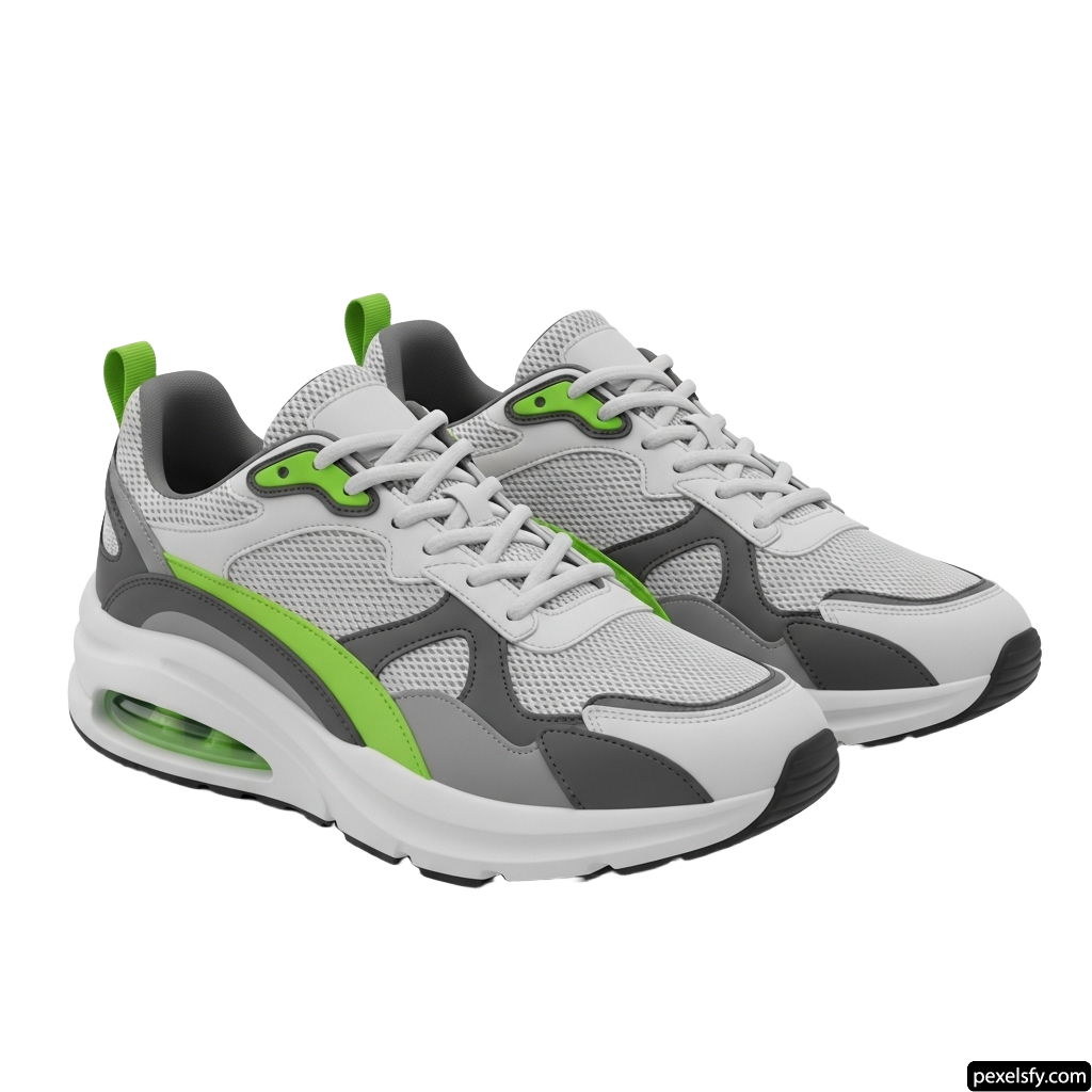 Pair of gray and green sneakers on a white background png transparent background