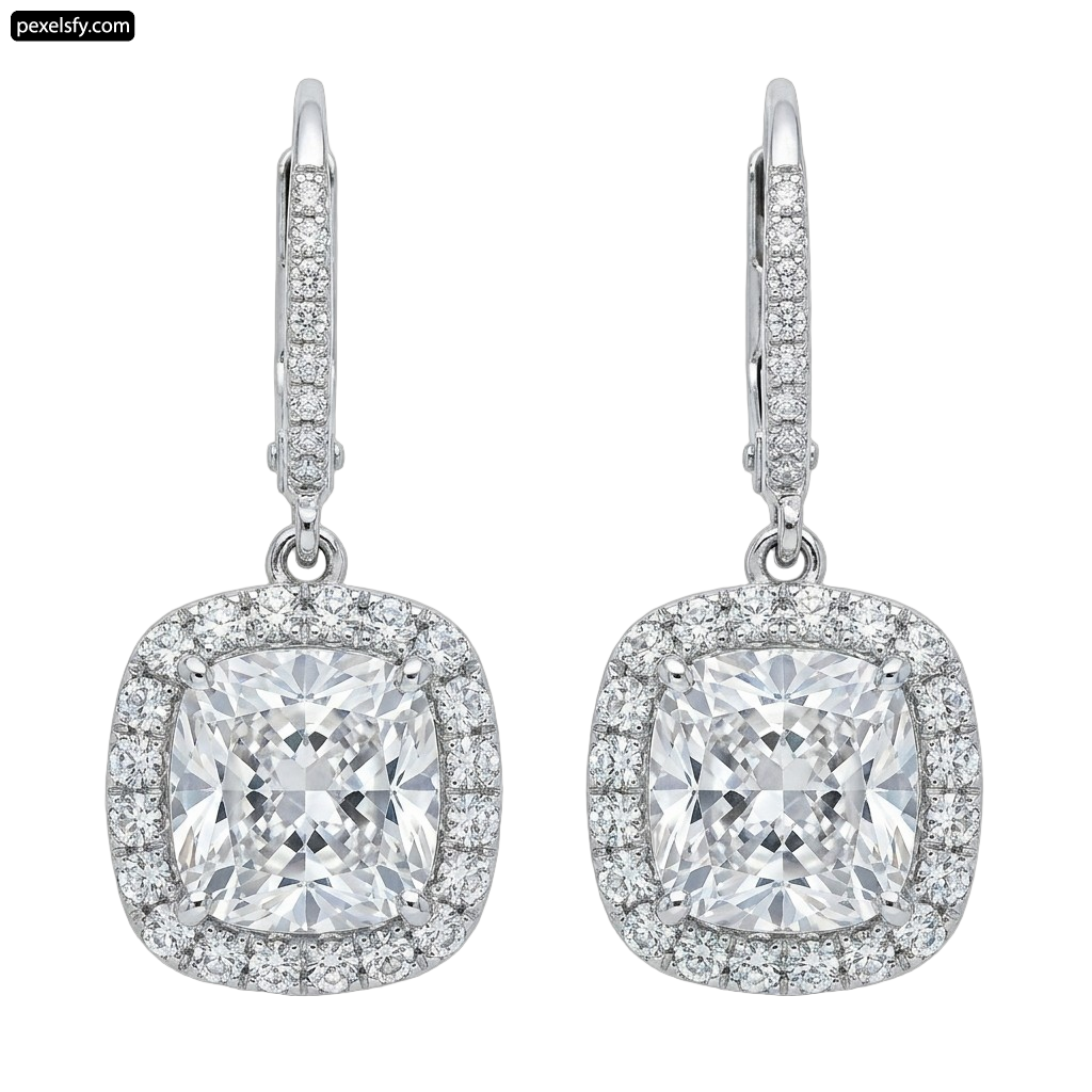Pair of white gold earrings with a cushion cut diamond png transparent background