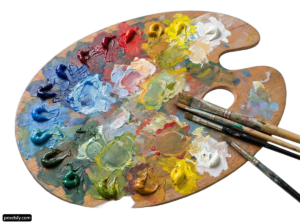 Palette of paint and brushes on a white background png transparent background