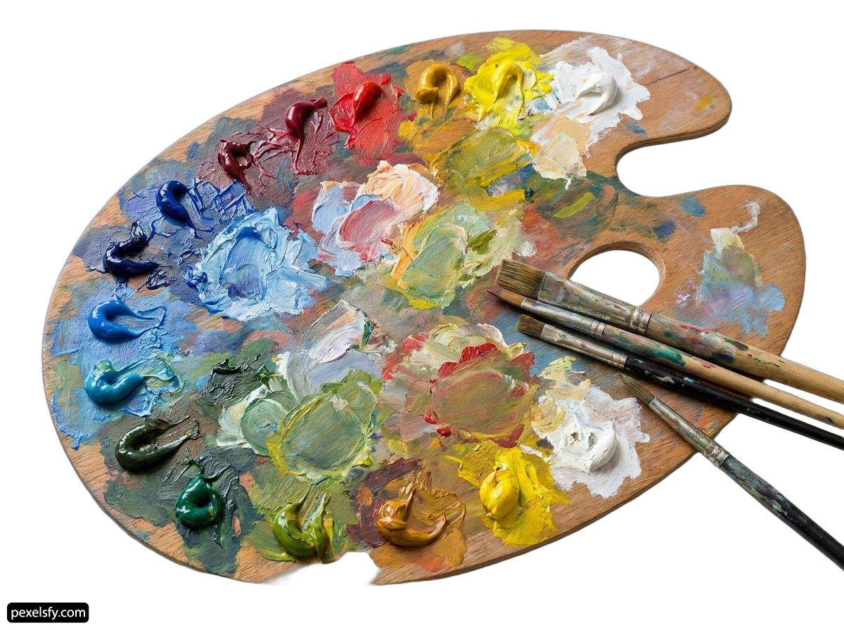 Palette of paint and brushes on a white background png transparent background