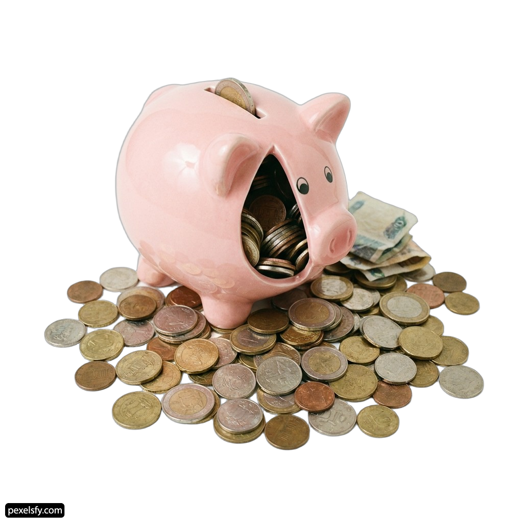 Pink piggy bank sitting on top of a pile of coins png transparent background