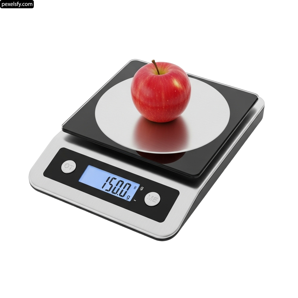 Red apple sitting on top of a kitchen scale png transparent background