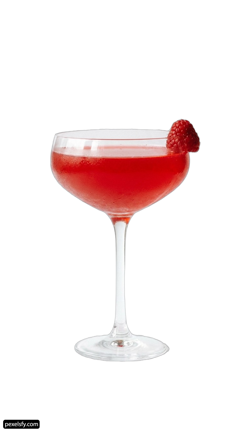 Red cocktail in a coupe glass with a raspberry garnish png transparent background