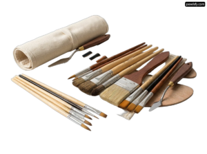 Set of paint brushes in a roll on a white background png transparent background