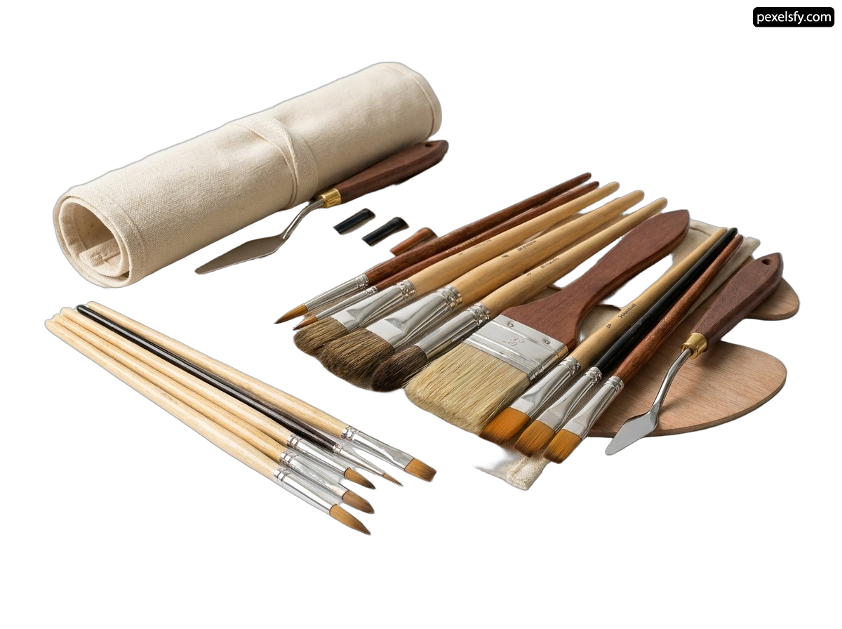 Set of paint brushes in a roll on a white background png transparent background