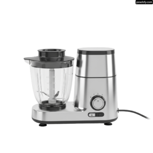 Silver and black food processor sitting on top of a table png transparent background
