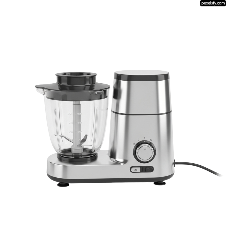 Silver and black food processor sitting on top of a table png transparent background