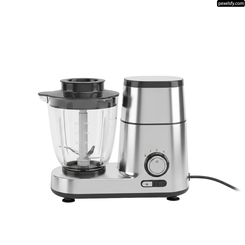 Silver and black food processor sitting on top of a table png transparent background