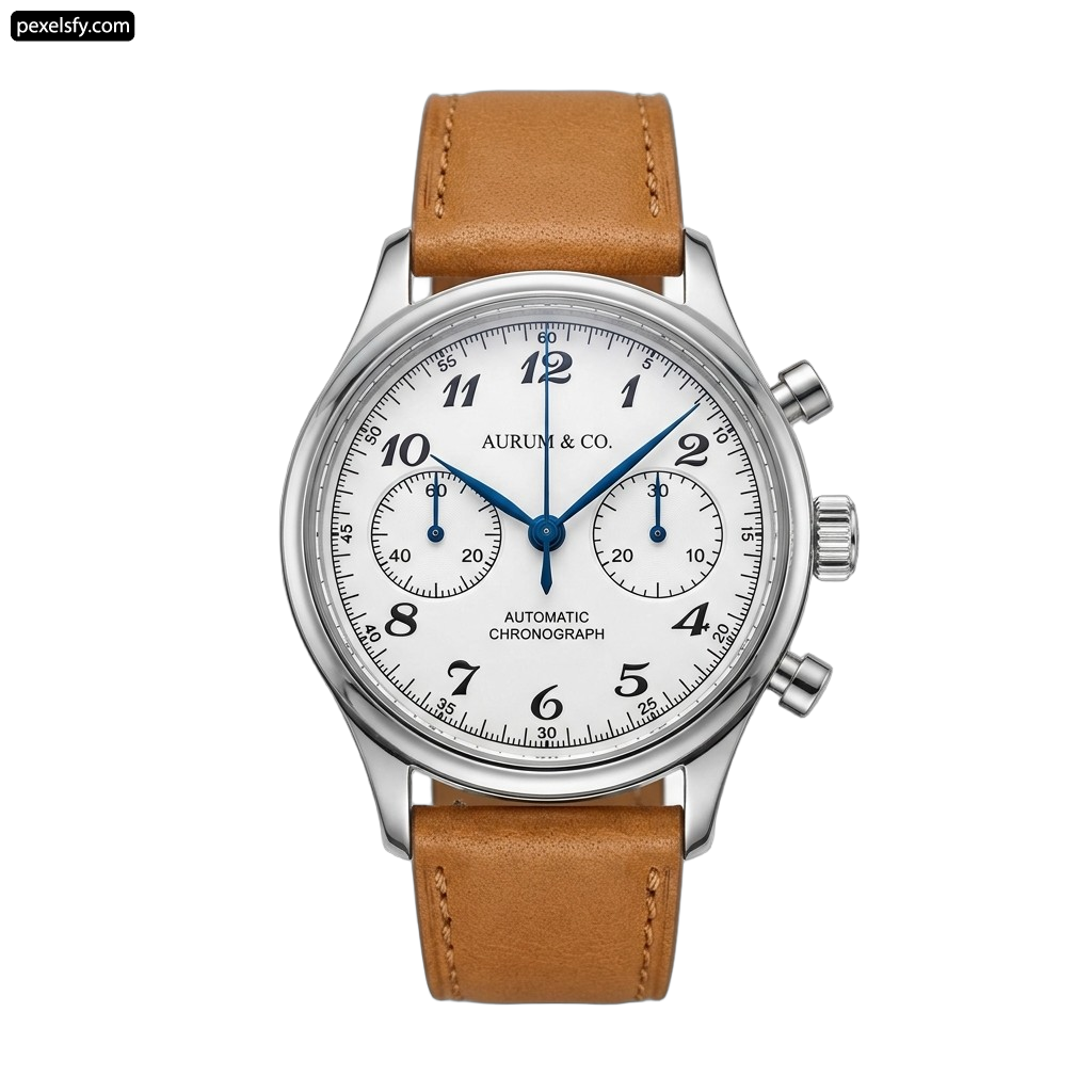 Silver and brown watch with a white face png transparent background