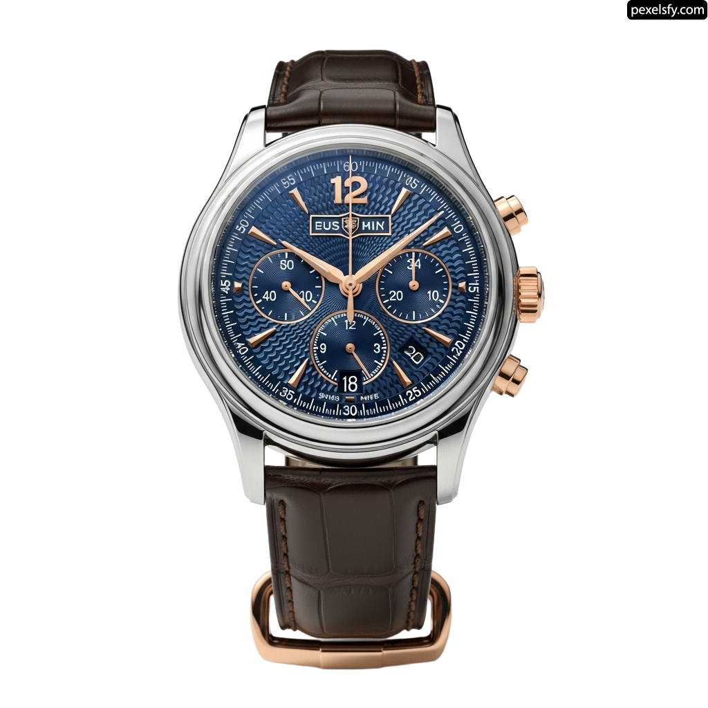 Silver and rose gold watch with a blue dial png transparent background