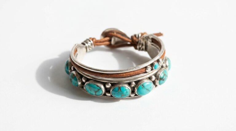 Silver and turquoise bracelet on a white surface