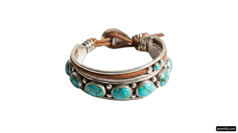 Silver and turquoise bracelet on a white background png transparent background