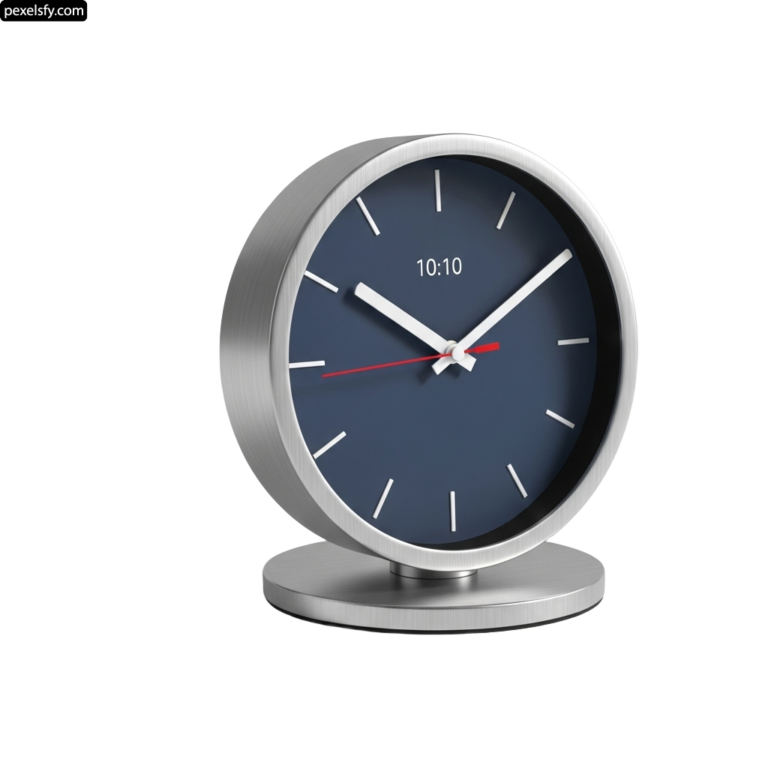 Silver clock with a blue face on a white background png transparent background