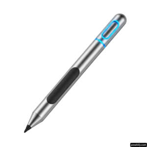 Silver pen with a blue light on it png transparent background