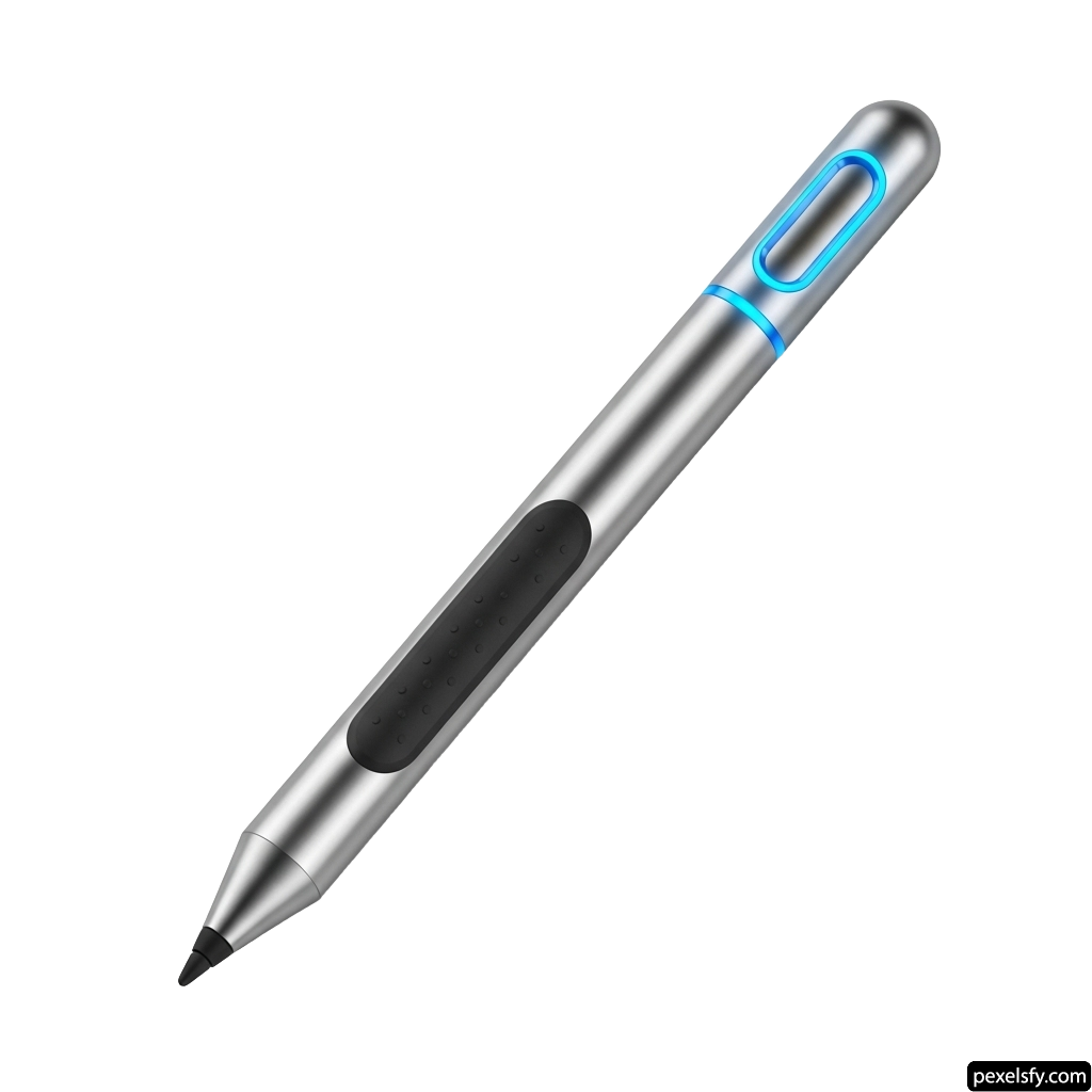 Silver pen with a blue light on it png transparent background