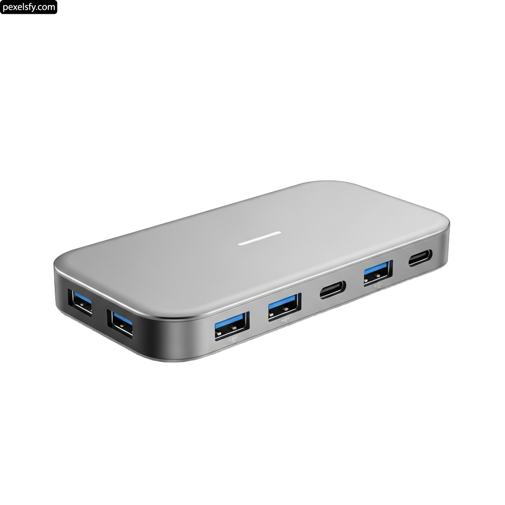 Silver power bank with four usb ports on it png transparent background