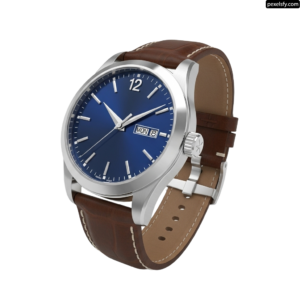 Silver watch with a blue face and brown leather strap png transparent background