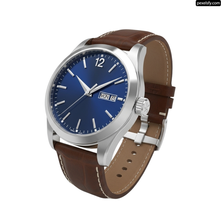 Silver watch with a blue face and brown leather strap png transparent background