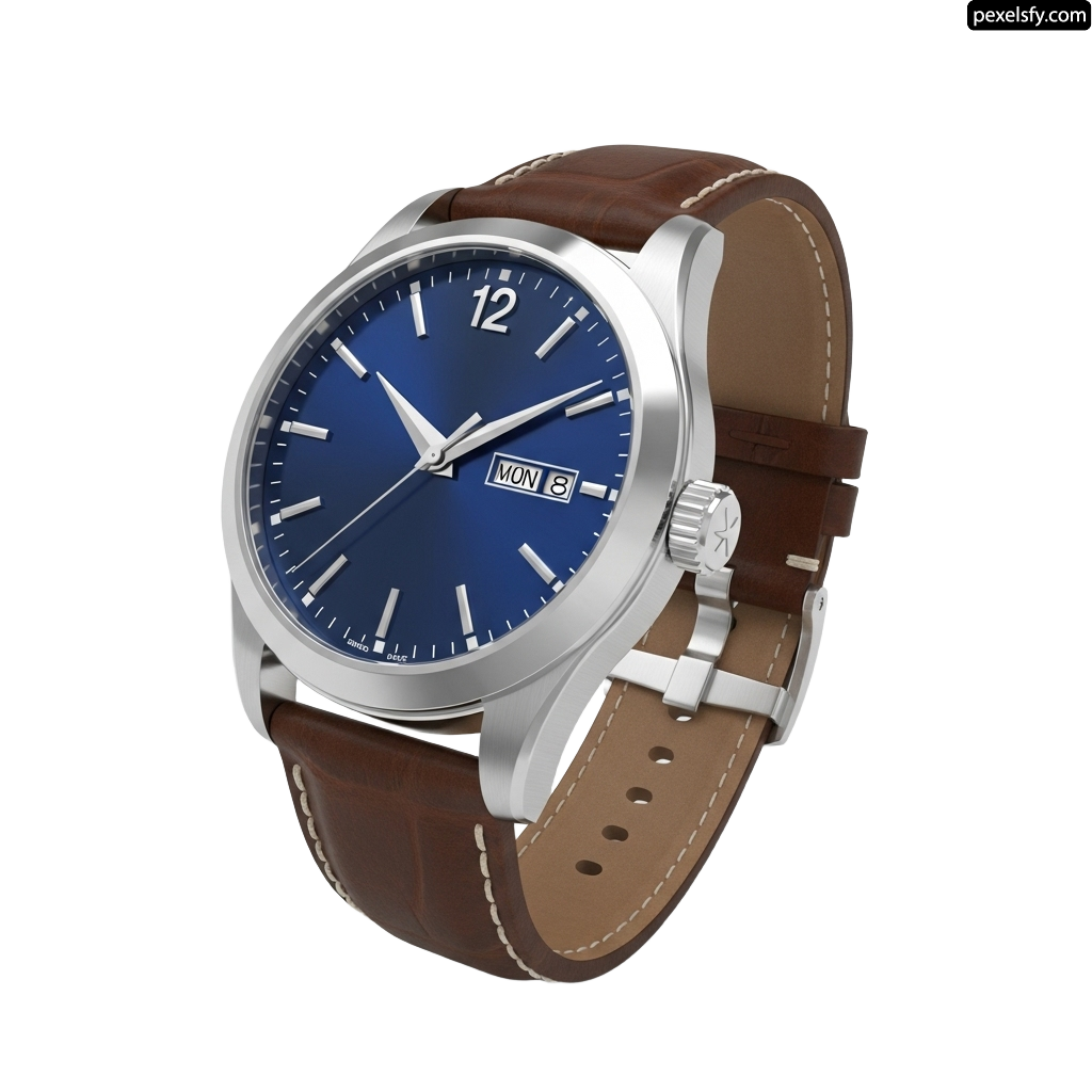 Silver watch with a blue face and brown leather strap png transparent background