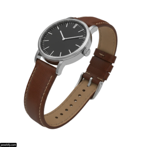 Silver watch with a brown leather strap png transparent background