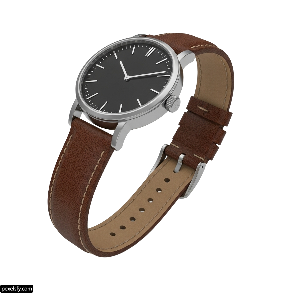 Silver watch with a brown leather strap png transparent background