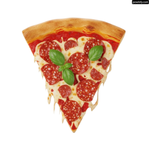 Slice of pepperoni pizza with a basil leaf on top png transparent background