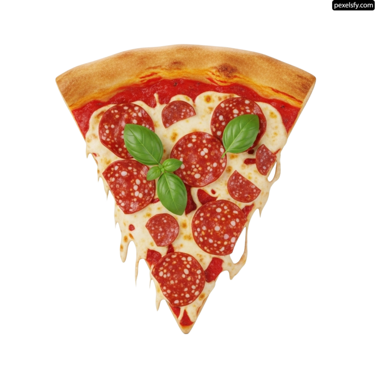 Slice of pepperoni pizza with a basil leaf on top png transparent background