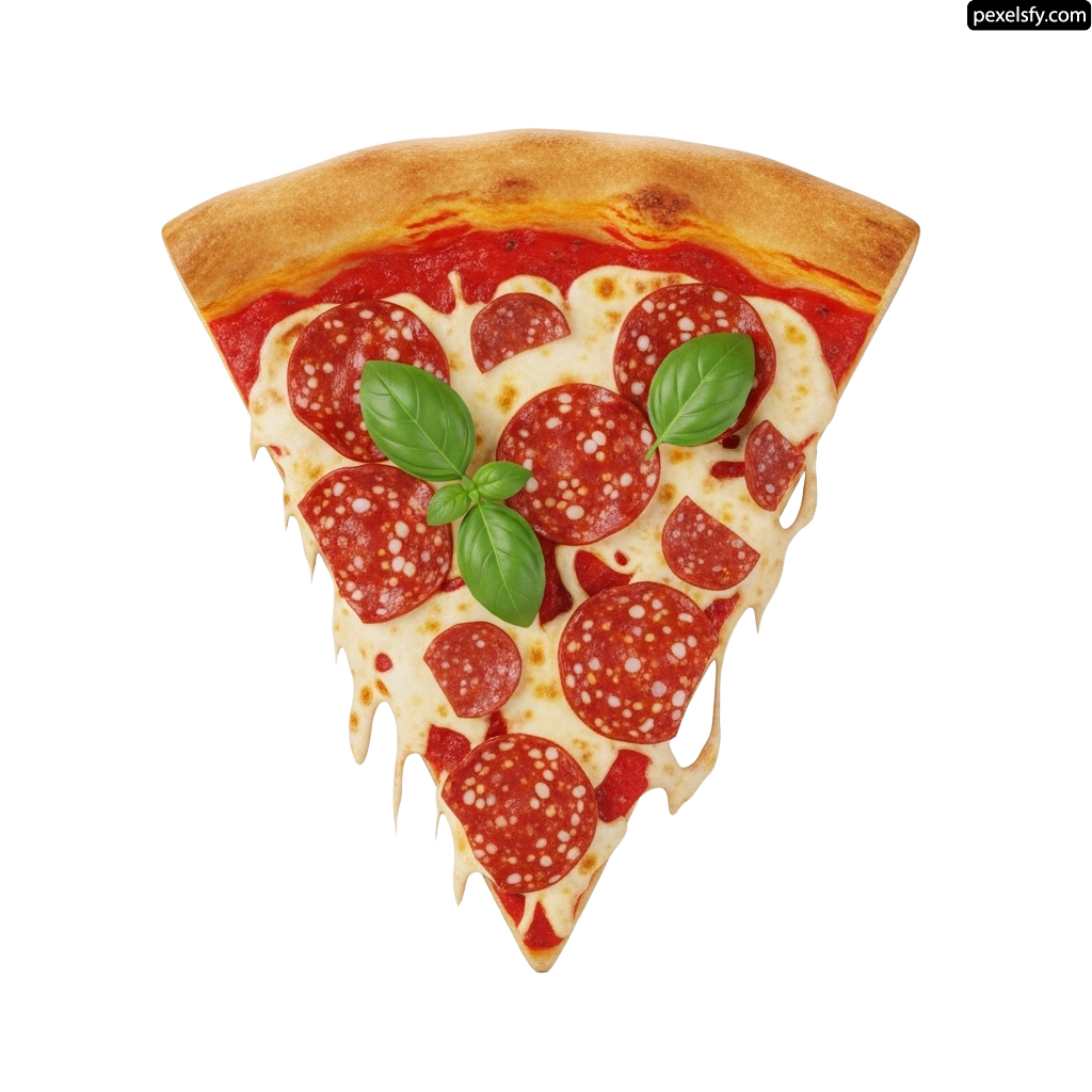 Slice of pepperoni pizza with a basil leaf on top png transparent background