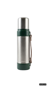 Stainless steel thermos with a green handle png transparent background