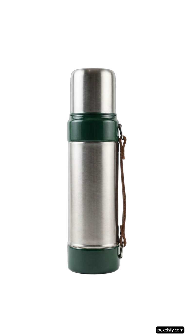 Stainless steel thermos with a green handle png transparent background