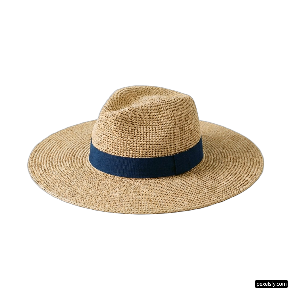 Straw hat with a blue band on a white background png transparent background