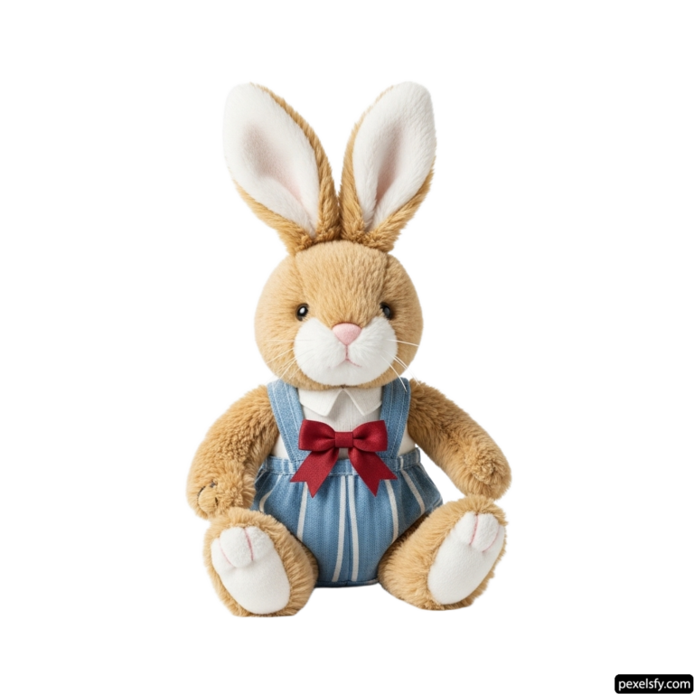 Stuffed rabbit wearing a blue dress and a red bow tie png transparent background