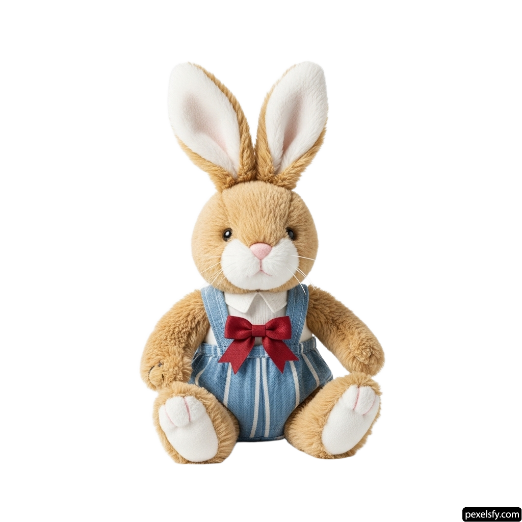 Stuffed rabbit wearing a blue dress and a red bow tie png transparent background