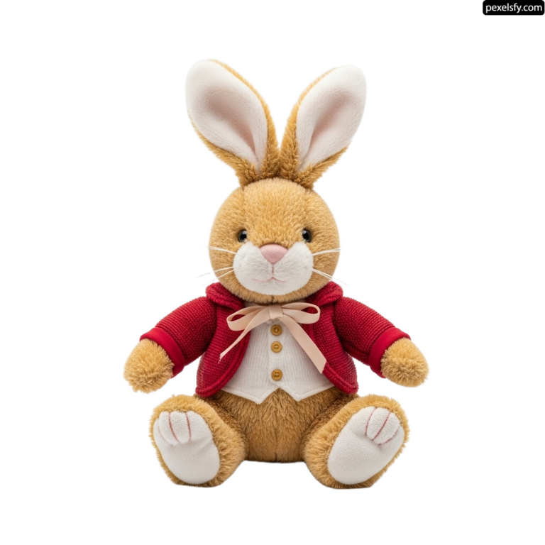 Stuffed rabbit wearing a red jacket and white shirt png transparent background