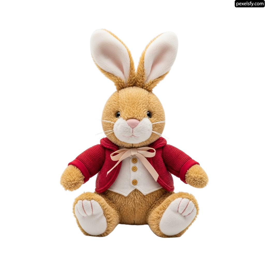 Stuffed rabbit wearing a red jacket and white shirt png transparent background