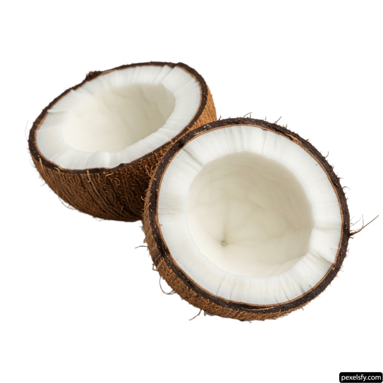Two halves of a coconut on a white background png transparent background