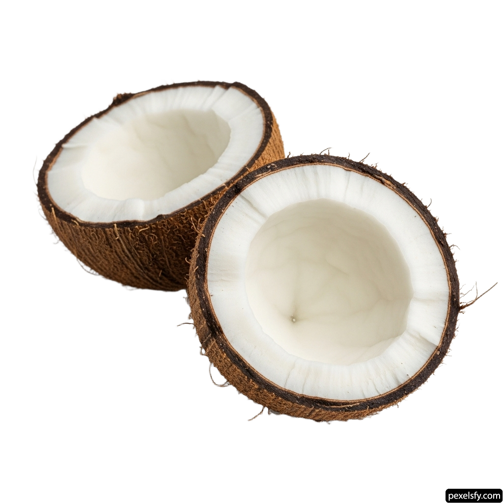 Two halves of a coconut on a white background png transparent background