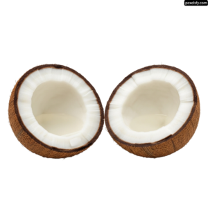 Two halves of a coconut on a white background png transparent background