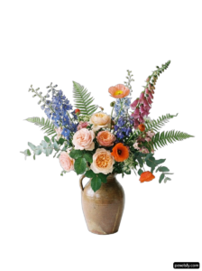 Vase filled with lots of flowers on a white background png transparent background