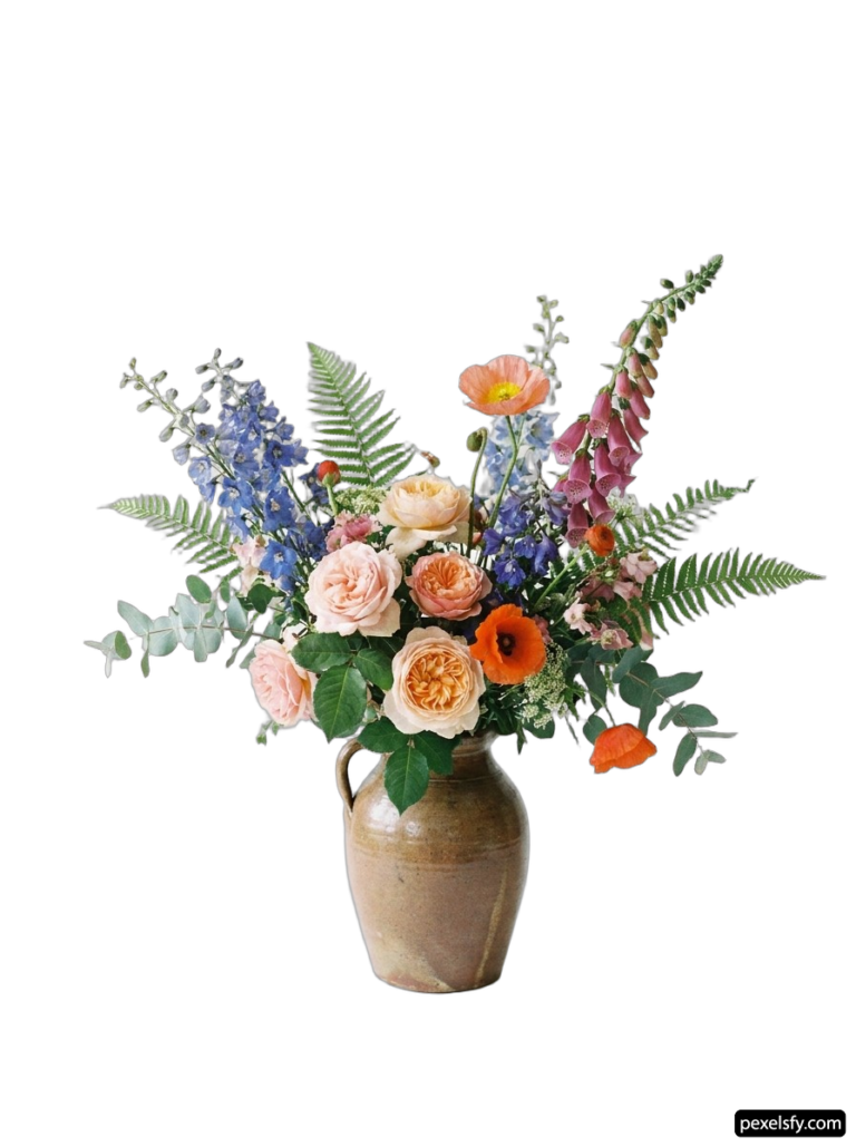 Vase filled with lots of flowers on a white background png transparent background