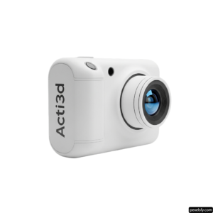 White action camera with a blue lens on a white background png transparent background