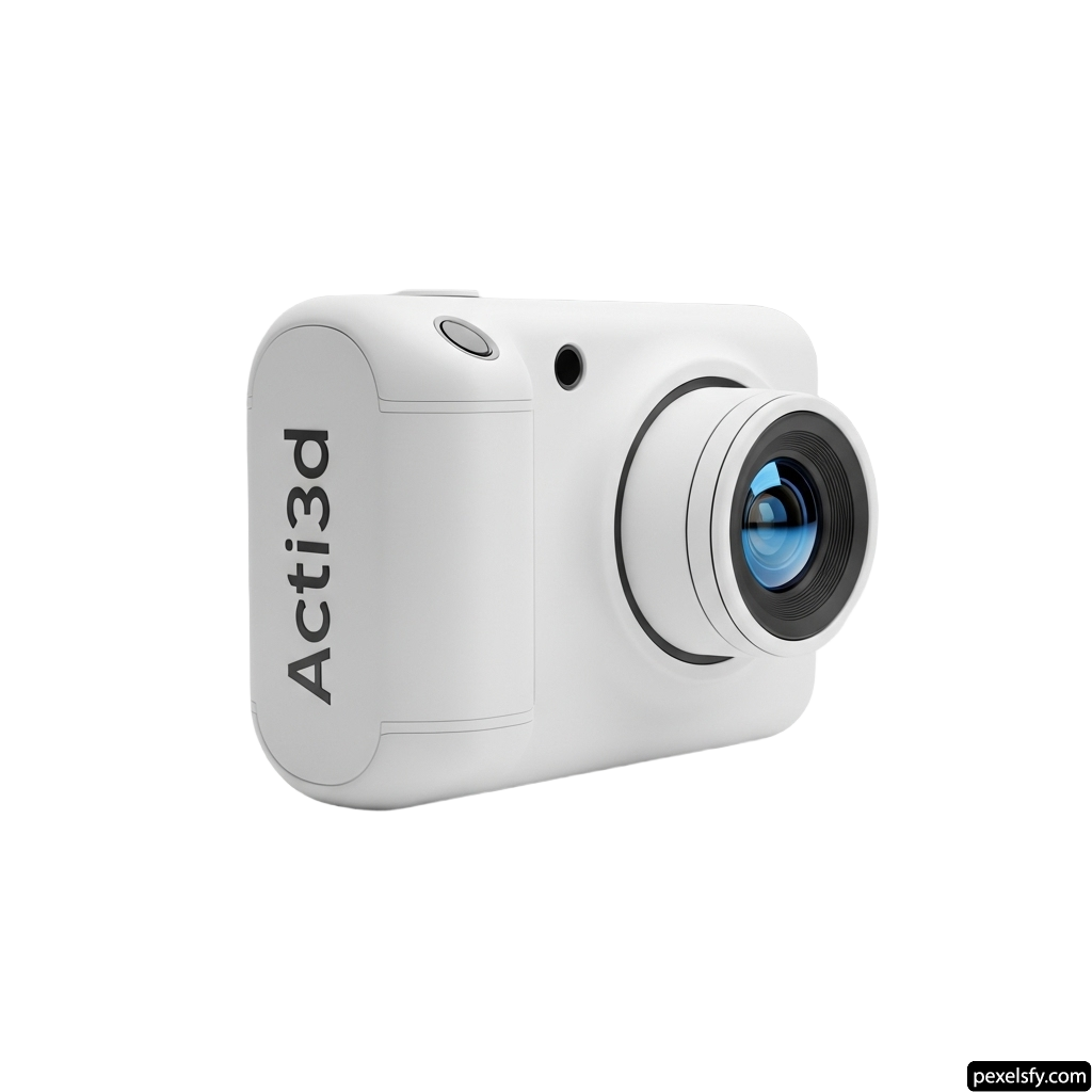 White action camera with a blue lens on a white background png transparent background