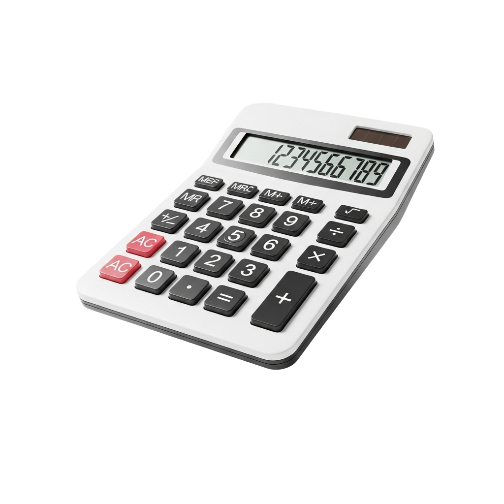 White calculator with red buttons on a white background png transparent background