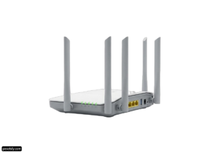 White router with four antennas on top of it png transparent background