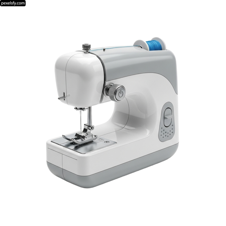 White sewing machine with a blue thread on it png transparent background