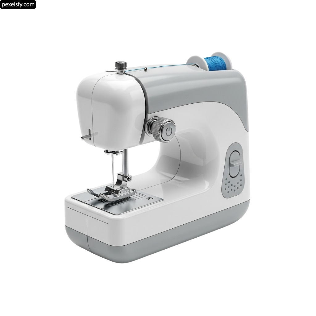 White sewing machine with a blue thread on it png transparent background