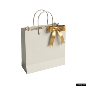 White shopping bag with a gold ribbon tied around it png transparent background
