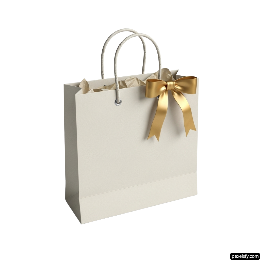 White shopping bag with a gold ribbon tied around it png transparent background